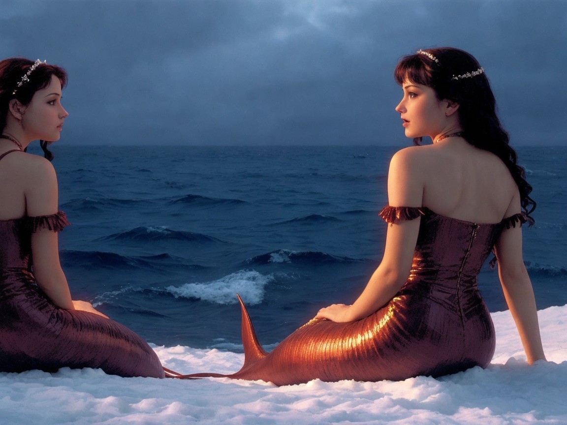 Mermaids in Snowy Landscape by Twilight Ocean