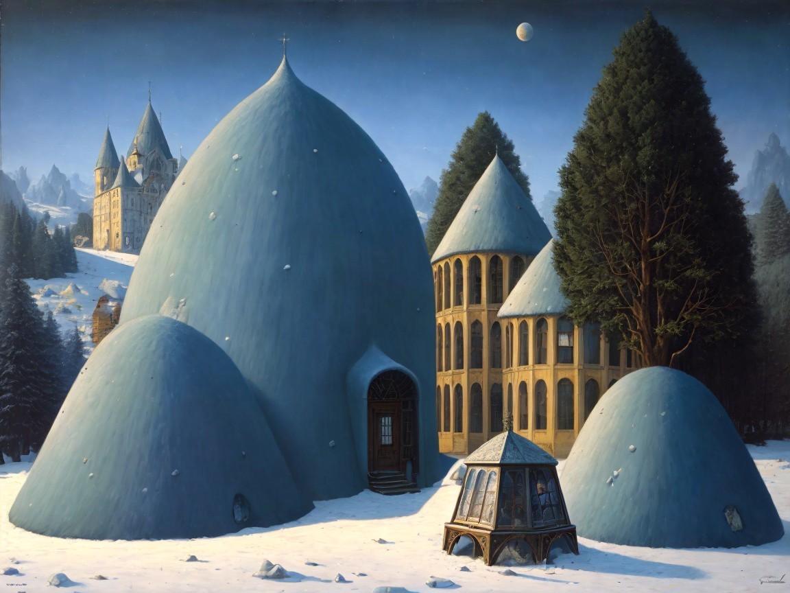 Surreal Winter Landscape with Dome Structures and Castle
