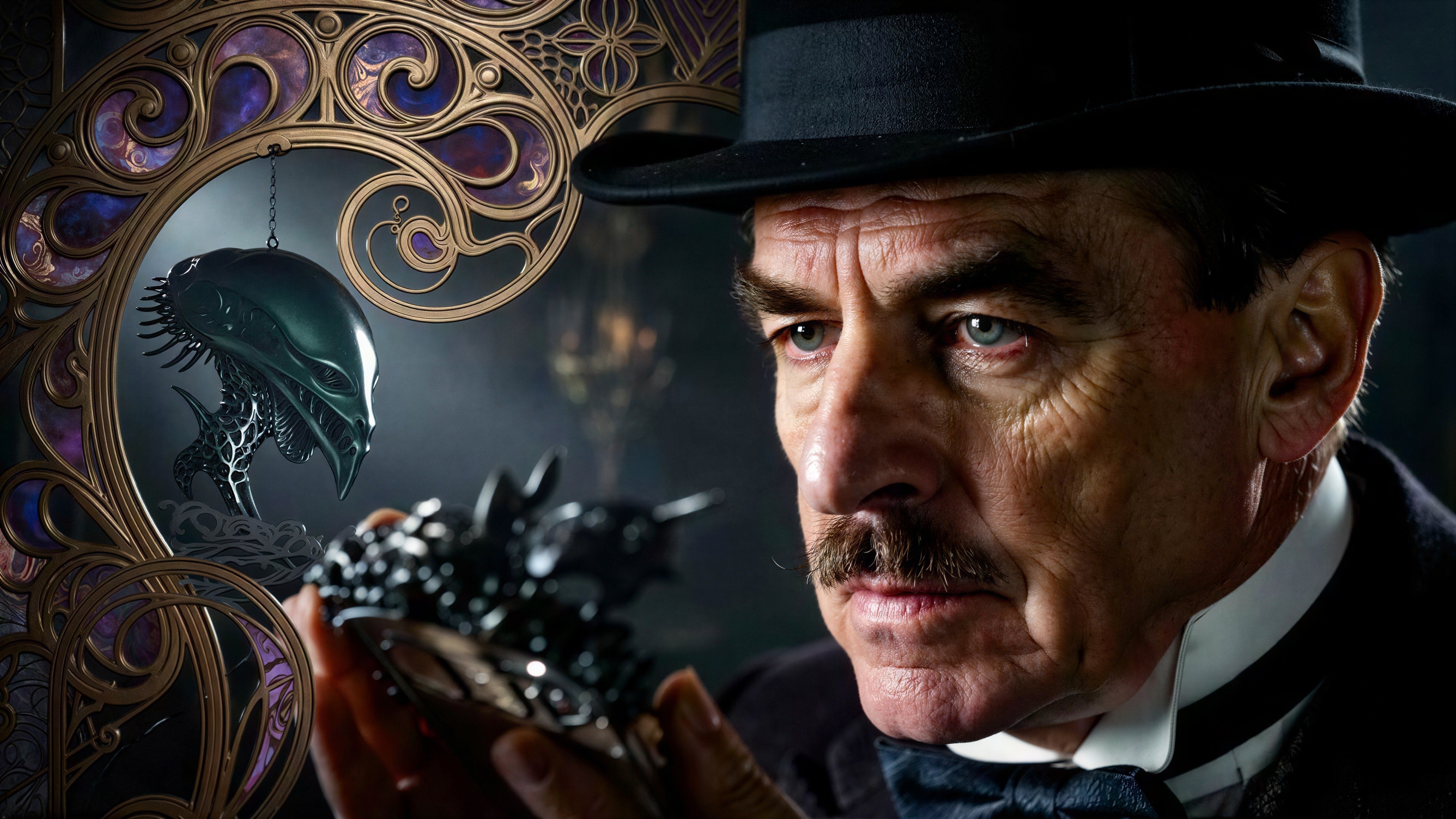 Close-Up of a Man with a Top Hat and Spiky Object