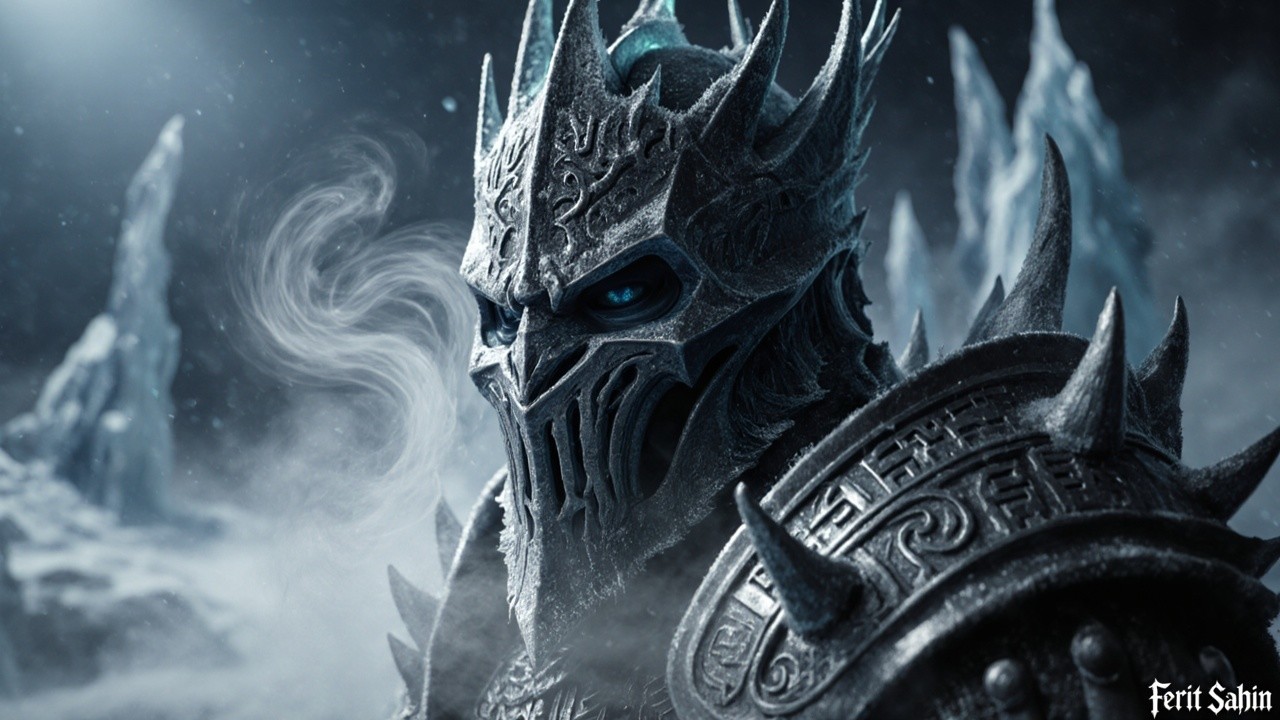 Armored Figure with Skull Face in Frozen Landscape