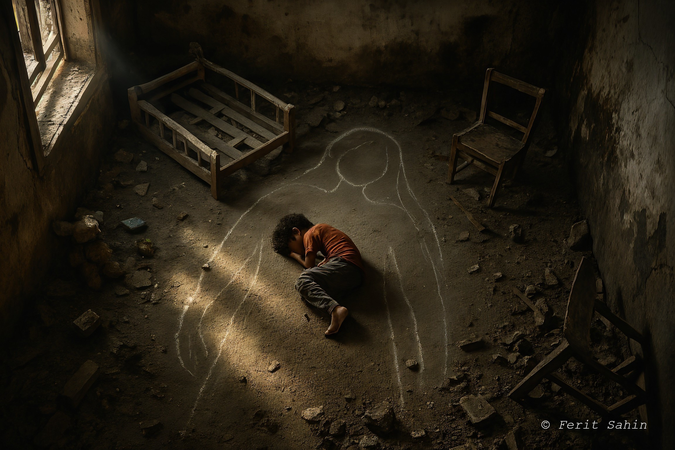 Abandoned Room with Child and Haunting Chalk Outline