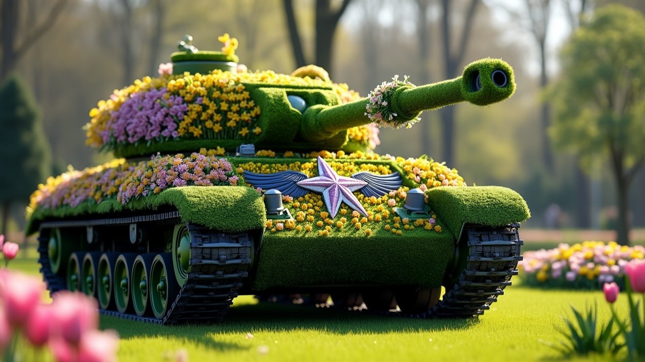 Tank Surrounded by Lush Garden and Colorful Flowers