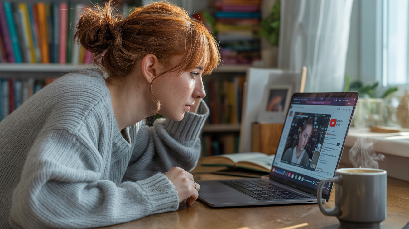 Young Woman Engaged with Laptop at Wooden Table