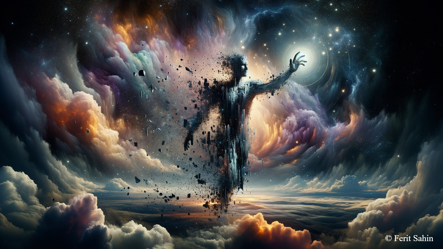 Fragmented Figure in Vibrant Cosmic Landscape
