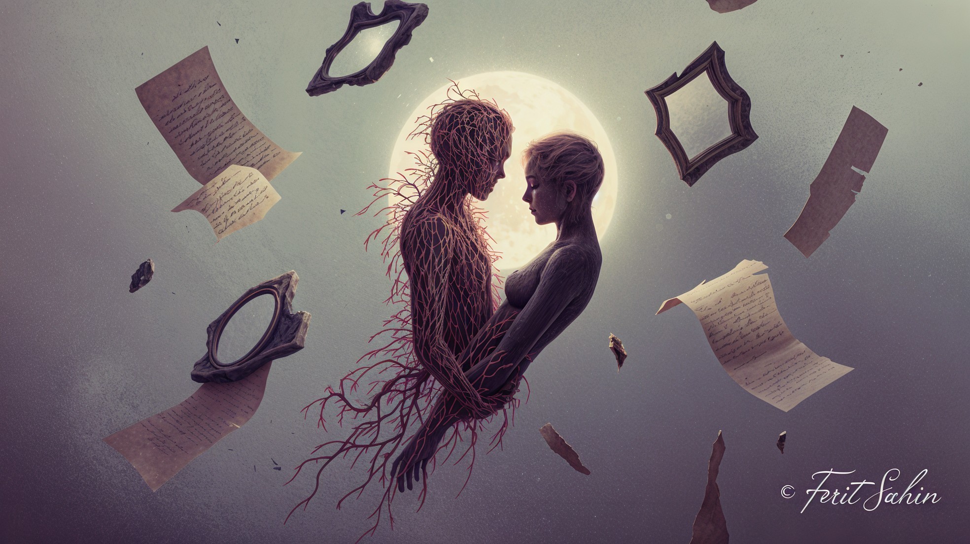 Figures Embracing with Nature Under Full Moon