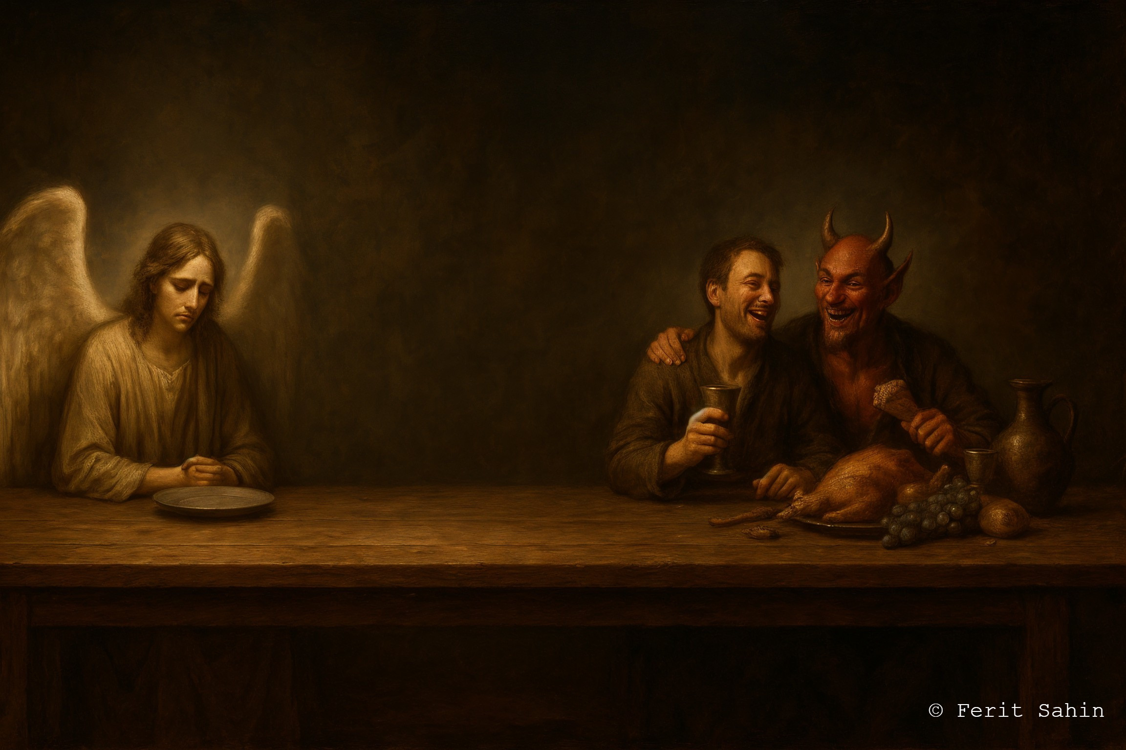 Angel and Devil at a Table: Themes of Morality and Temptation
