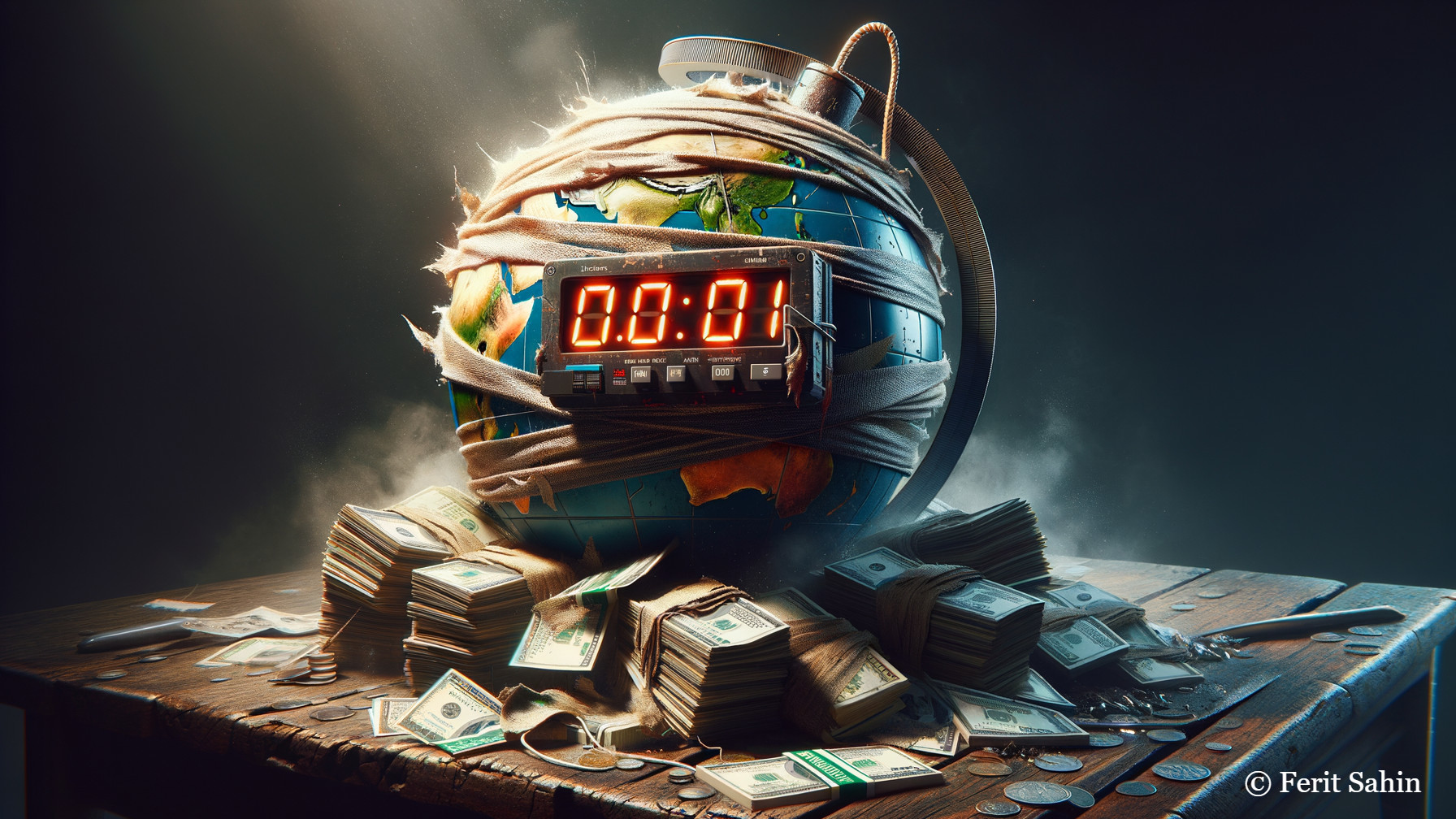 Globe Wrapped in Ropes Surrounded by Money Stacks