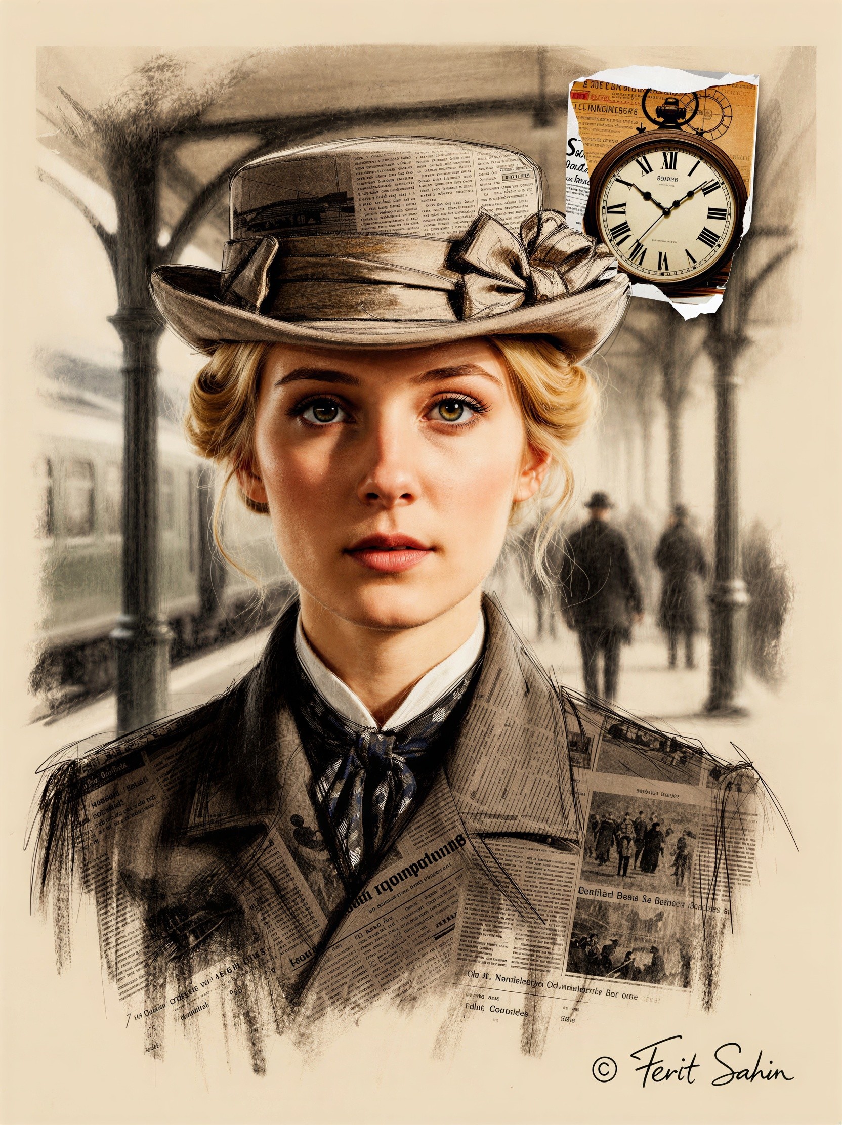 Vintage Charcoal Fashion Portrait at Train Station