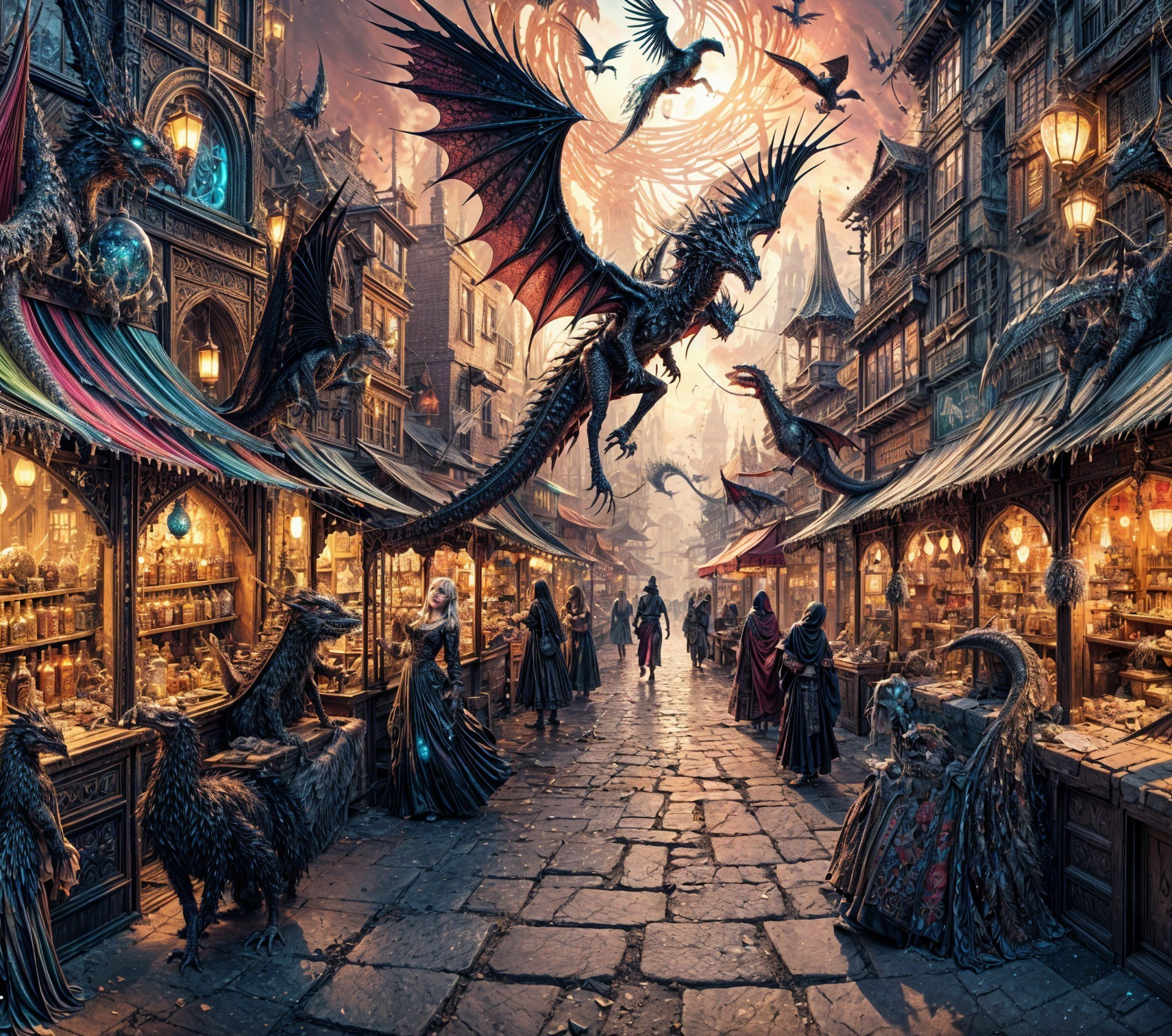Mystical Market with Enchanting Wares and Creatures