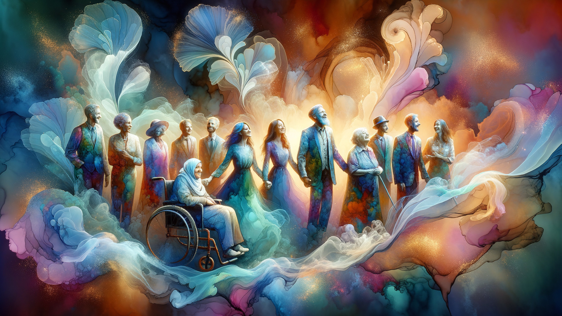 Diverse Group in Vibrant Surreal Colorful Scene