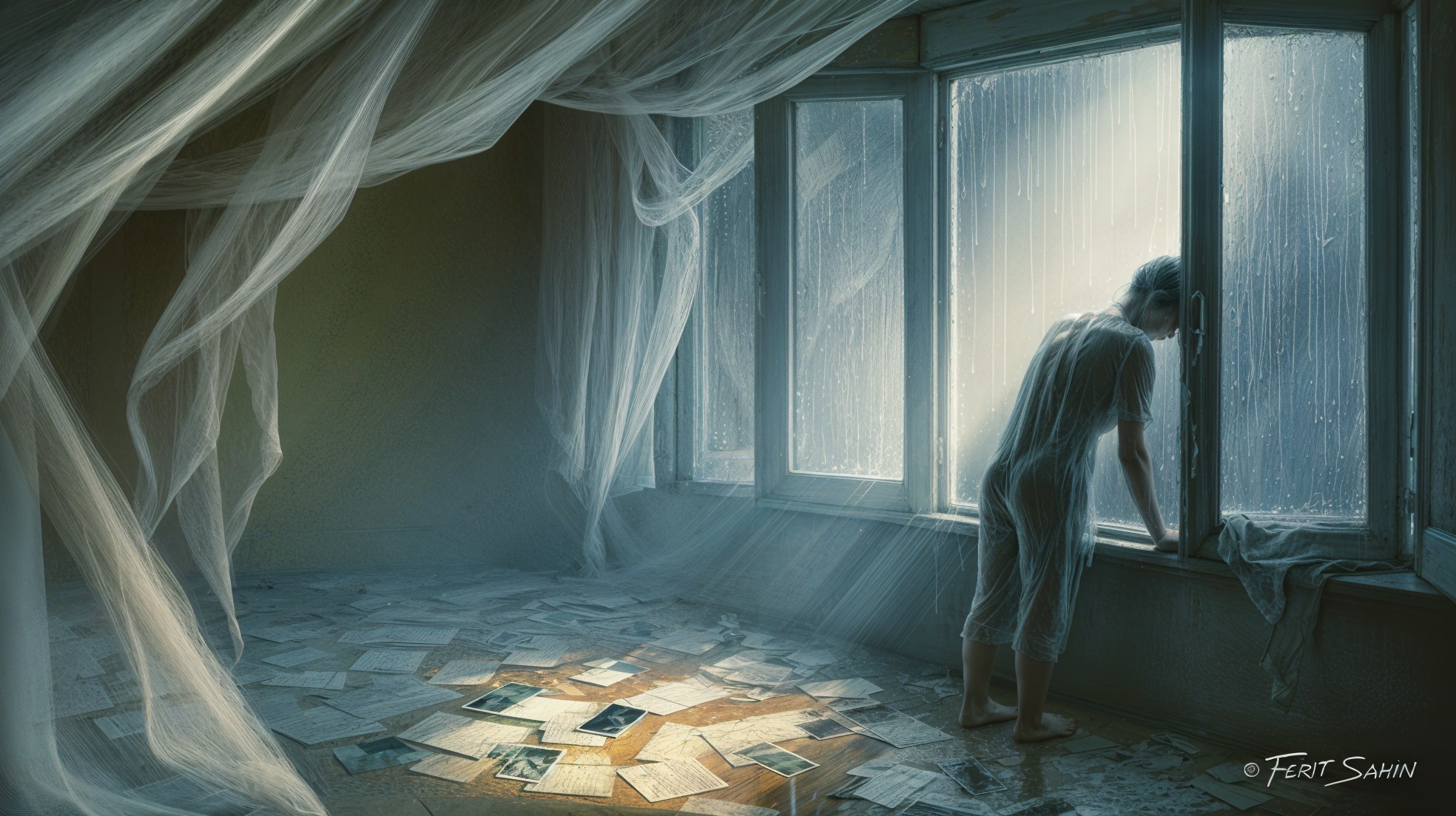 Child at Rain-Soaked Window with Nostalgic Atmosphere