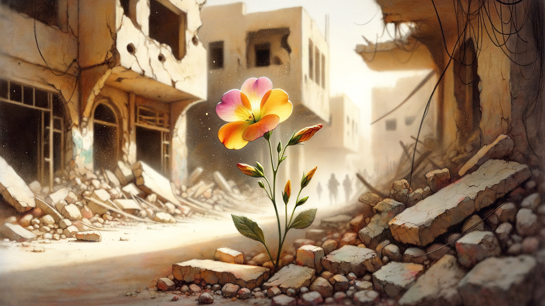Vibrant Flower Thriving in War-Torn Cityscape