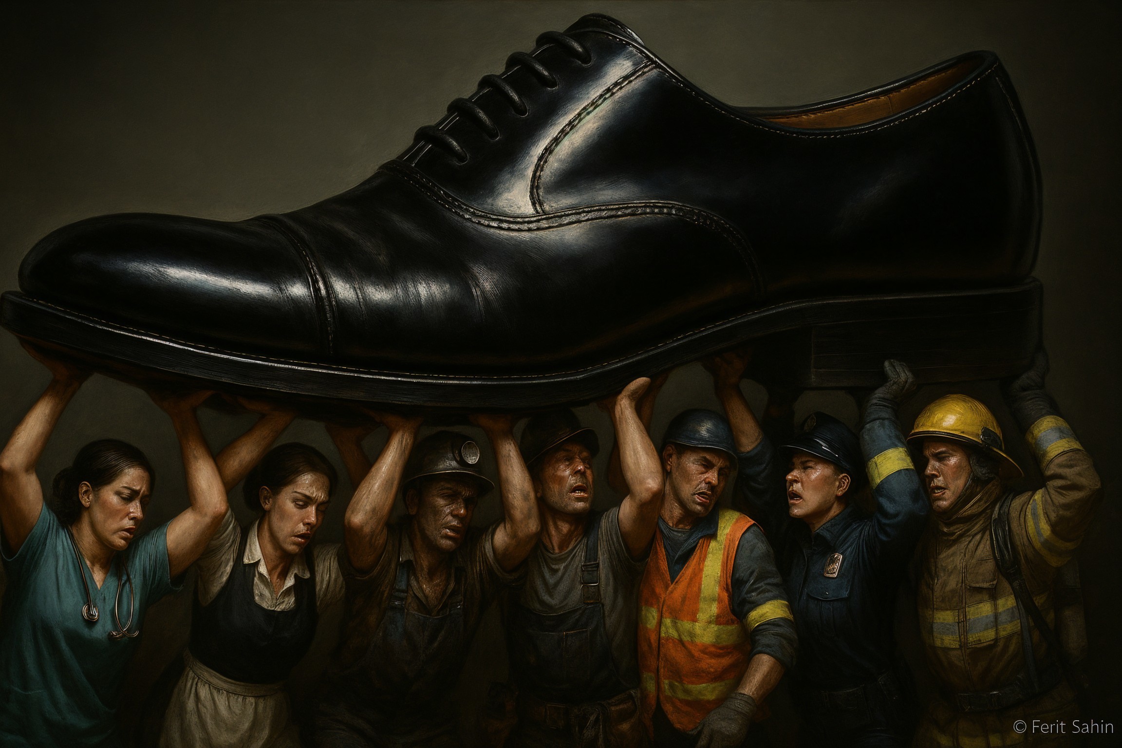 Massive Black Dress Shoe Carried by Diverse Workers