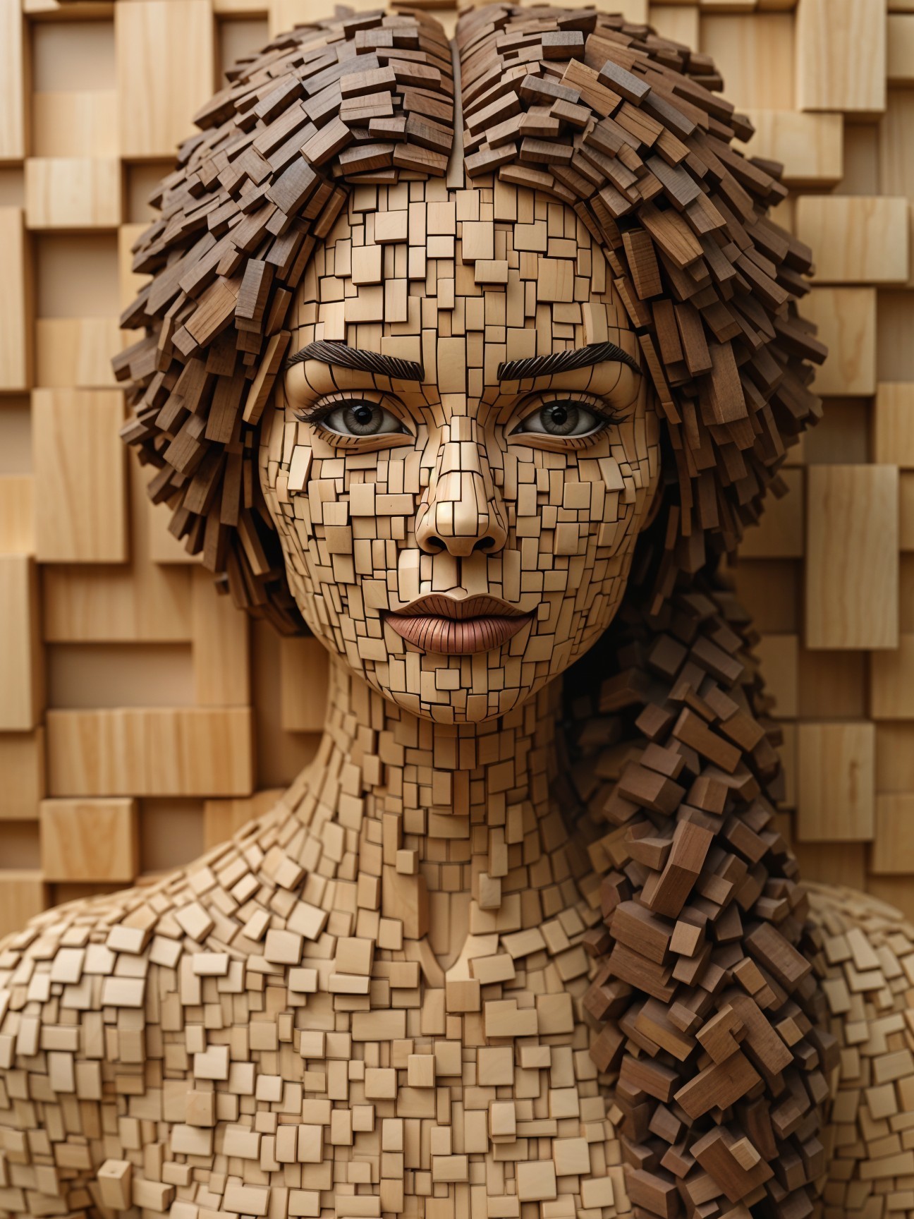 Wooden Block Sculpture of a Woman with Textured Details