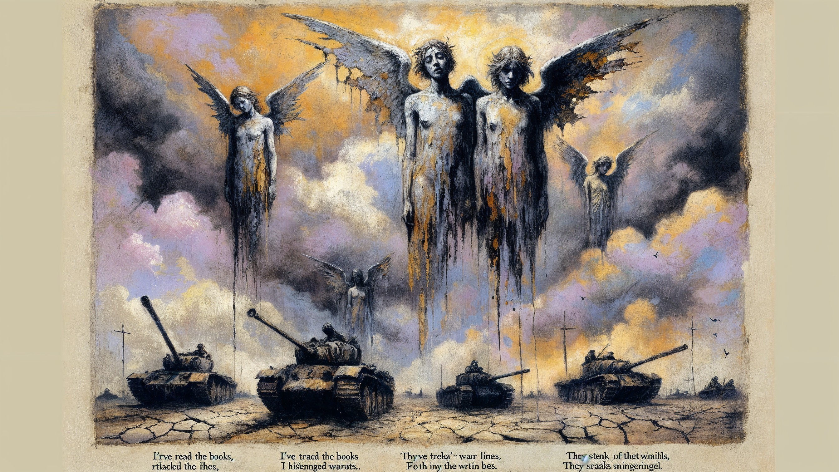 Surreal Battlefield with Angels and Tanks in Dark Sky