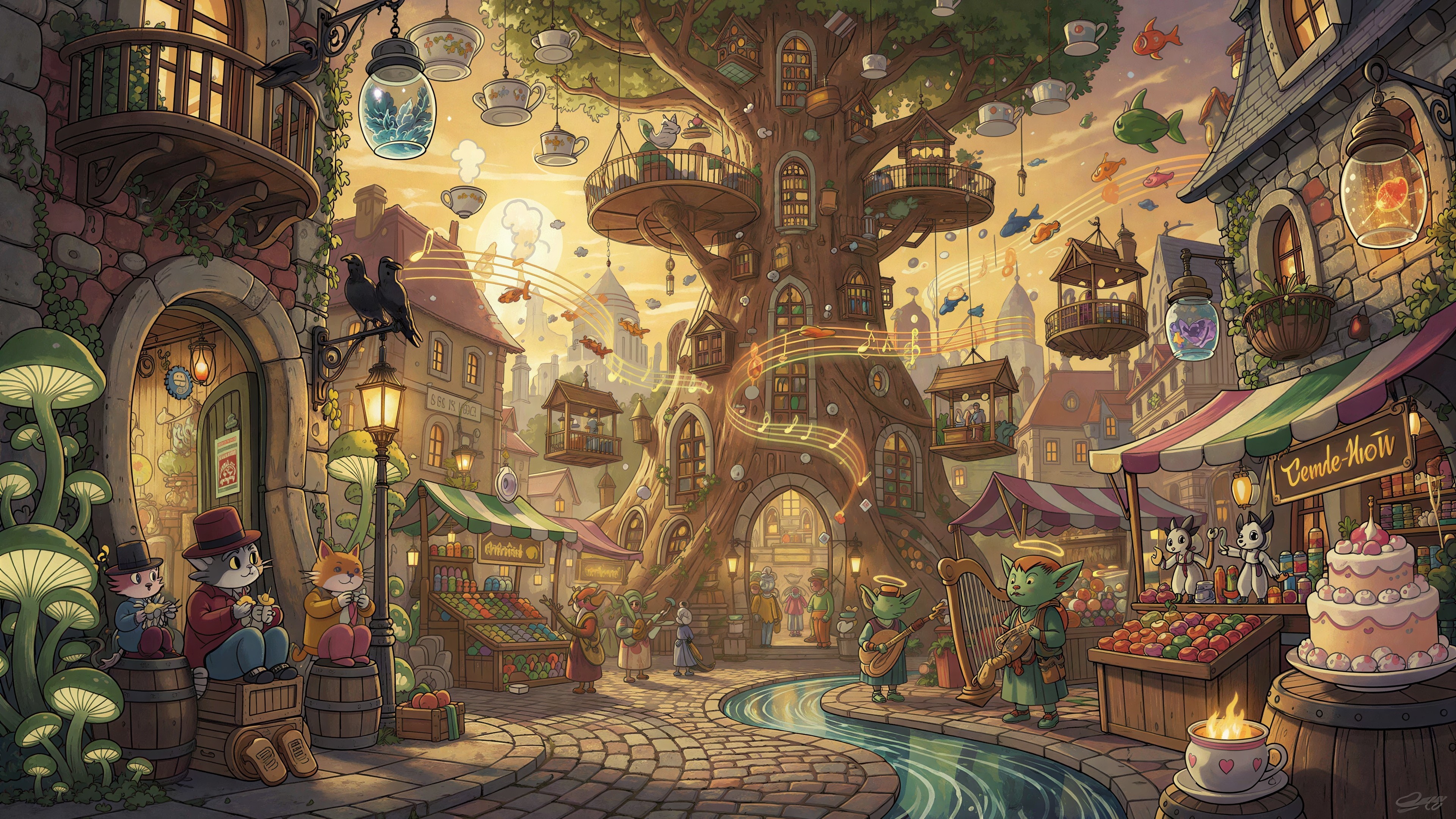 Colorful Illustration of a Whimsical Town Square at Sunset