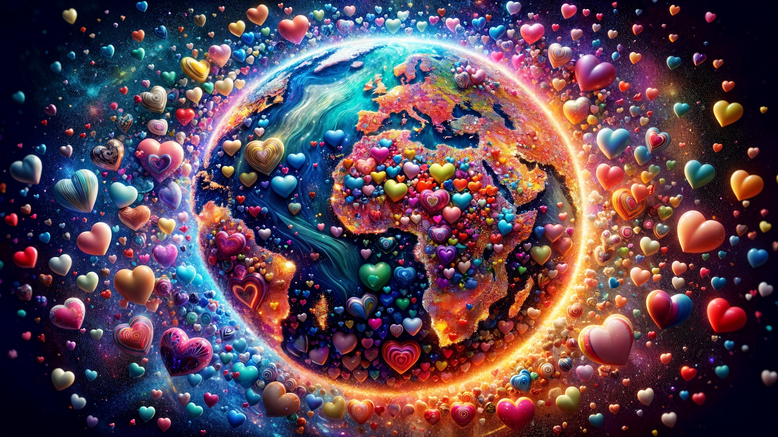 Colorful Earth with Hearts in Cosmic Background