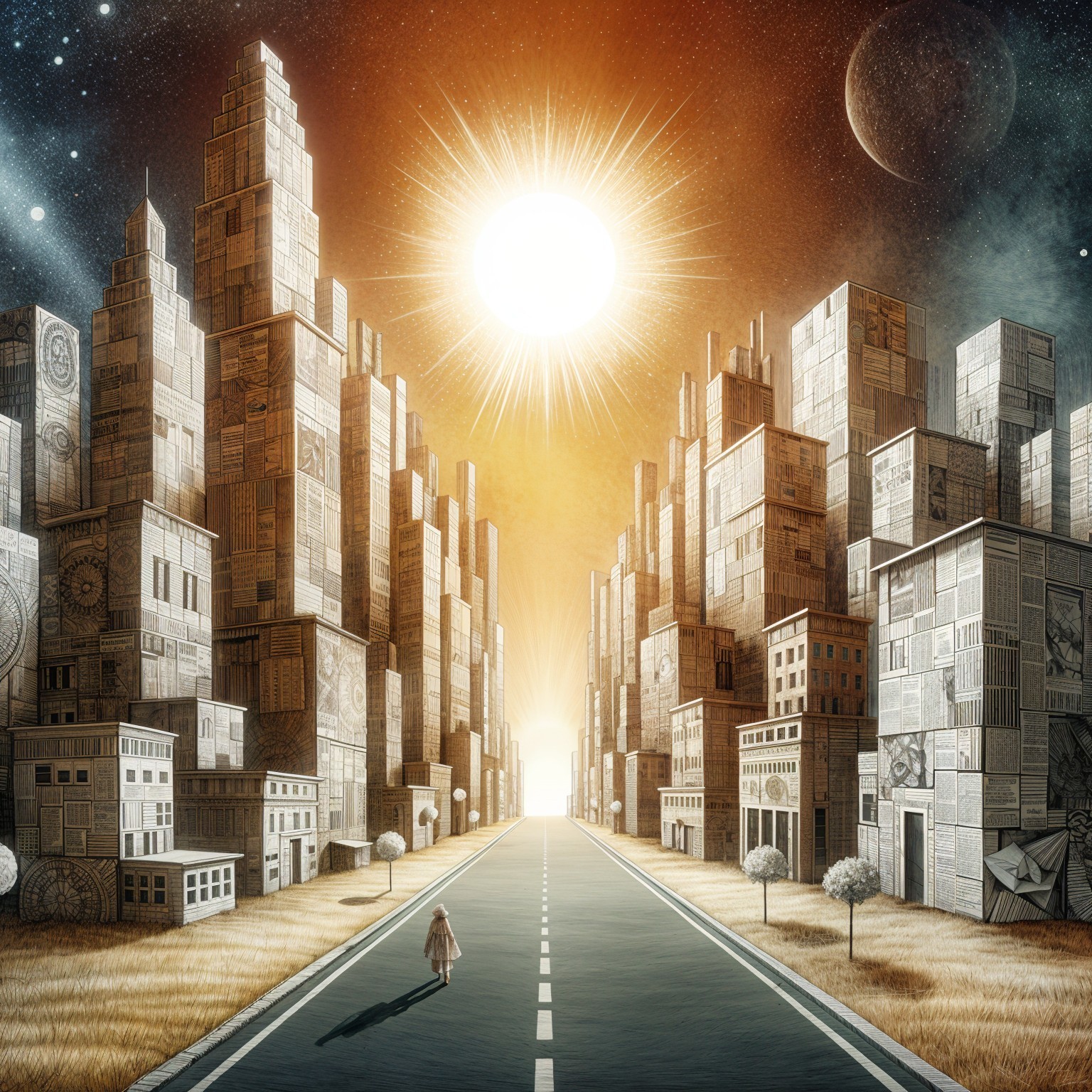 Deserted Road with Skyscrapers and Starry Sky