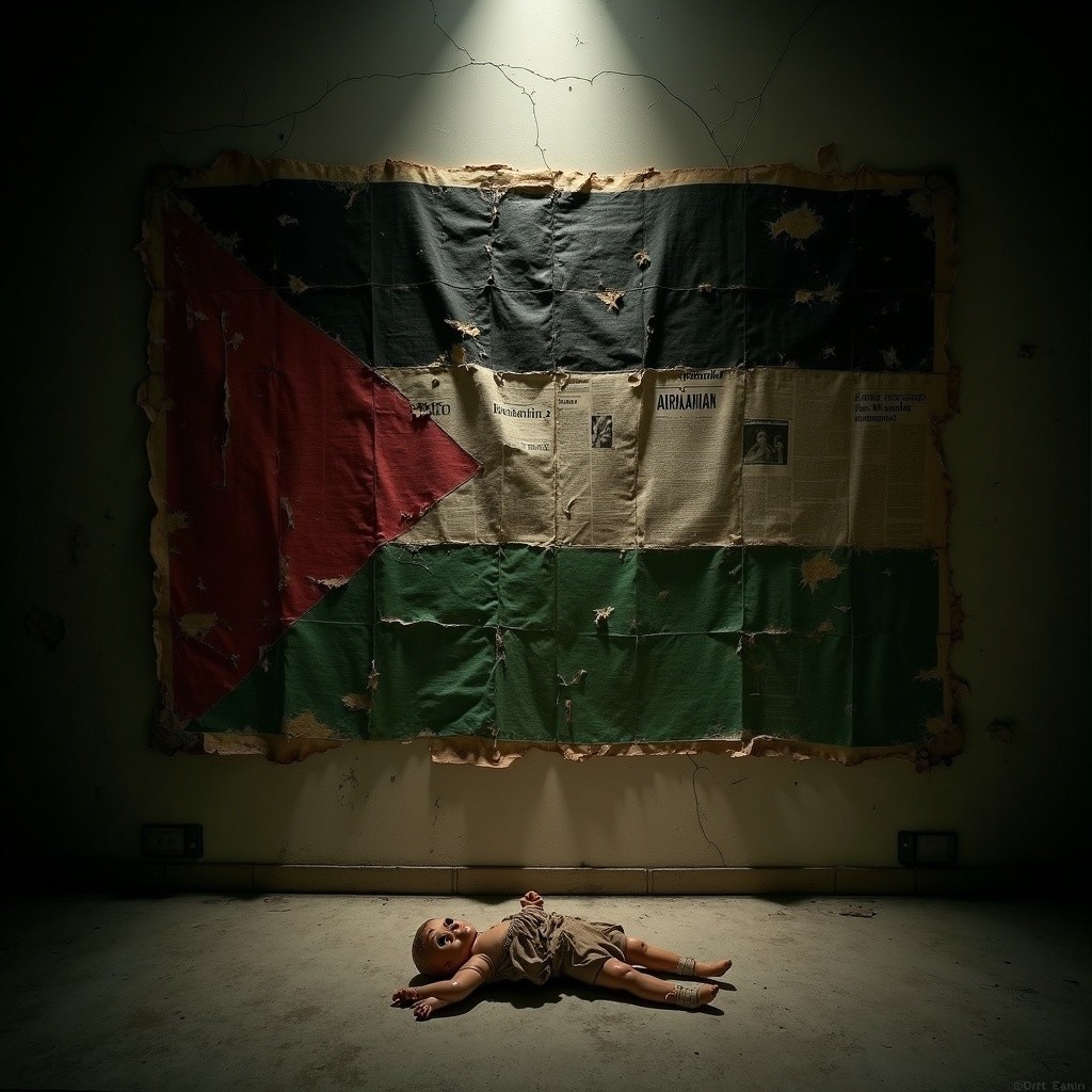 Dimly Lit Room with Abandoned Baby and Flag