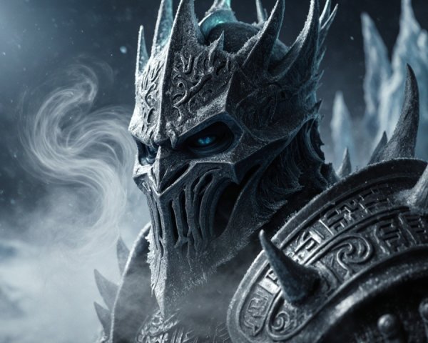 Armored Figure with Skull Face in Frozen Landscape