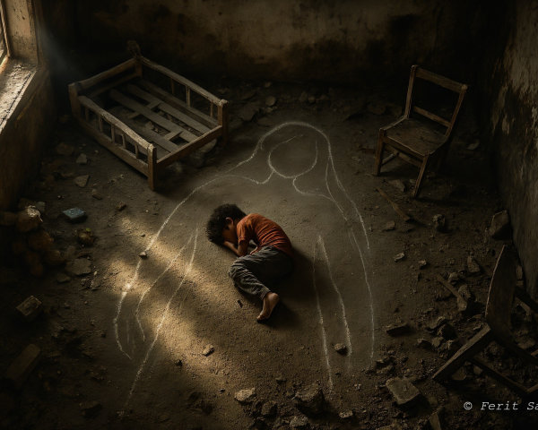 Abandoned Room with Child and Haunting Chalk Outline