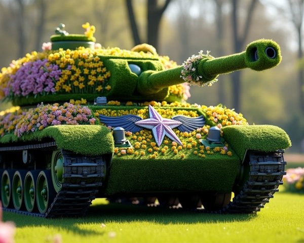 Tank Surrounded by Lush Garden and Colorful Flowers