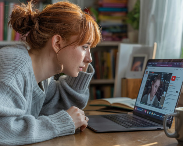 Young Woman Engaged with Laptop at Wooden Table