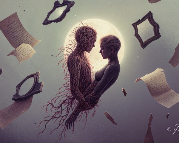 Figures Embracing with Nature Under Full Moon