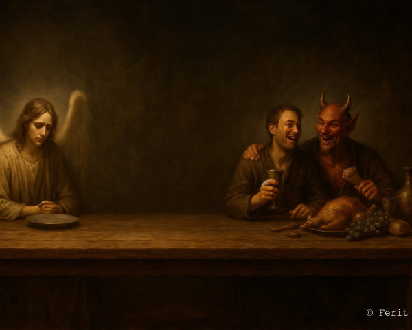 Angel and Devil at a Table: Themes of Morality and Temptation