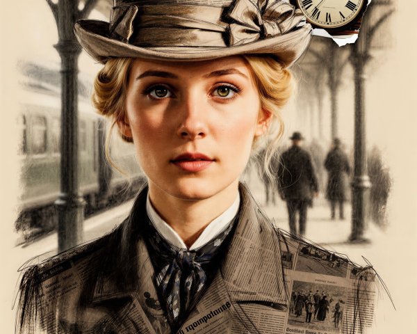 Vintage Charcoal Fashion Portrait at Train Station