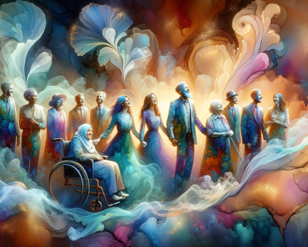 Diverse Group in Vibrant Surreal Colorful Scene