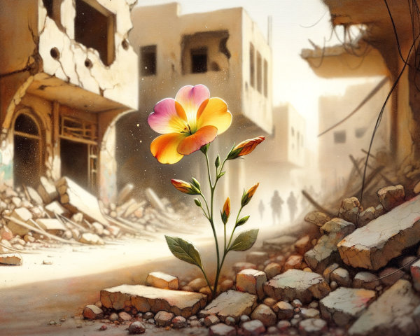 Vibrant Flower Thriving in War-Torn Cityscape
