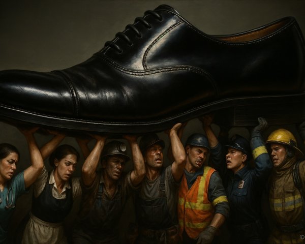 Massive Black Dress Shoe Carried by Diverse Workers