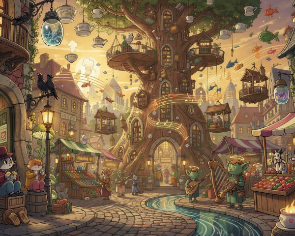 Colorful Illustration of a Whimsical Town Square at Sunset
