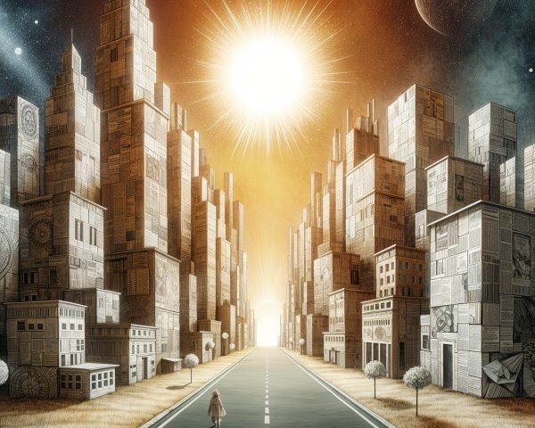 Deserted Road with Skyscrapers and Starry Sky