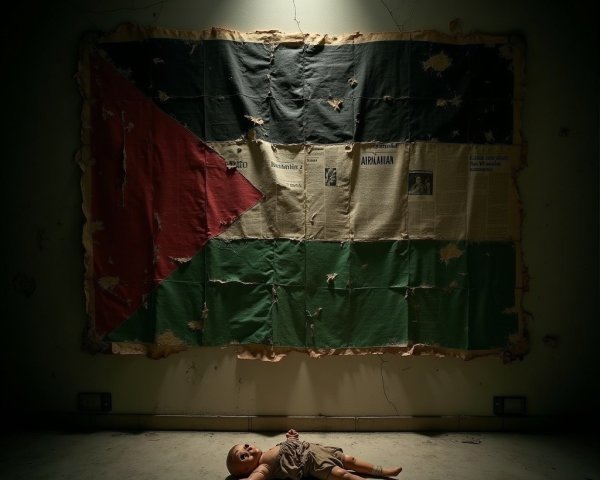 Dimly Lit Room with Abandoned Baby and Flag