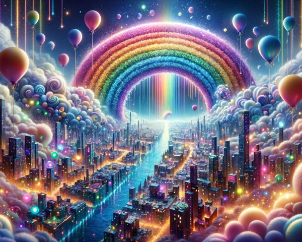 Vibrant Dreamlike Cityscape with Rainbow and Balloons
