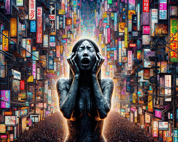 Futuristic cityscape with neon signs and distressed figure