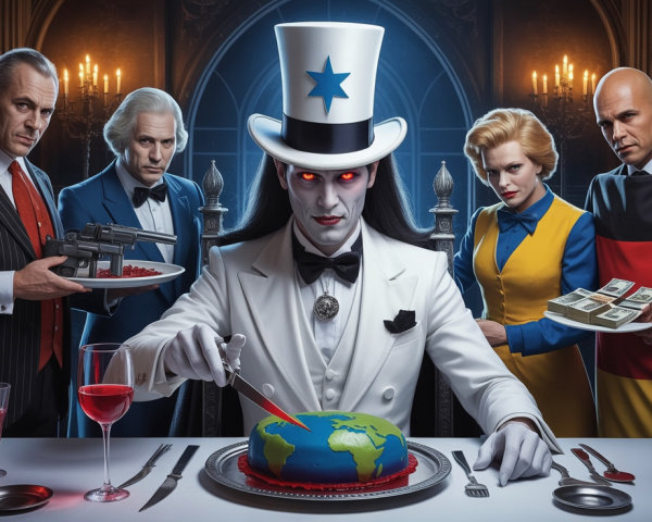 Sinister Dinner Scene with Opulent Setting and Tension