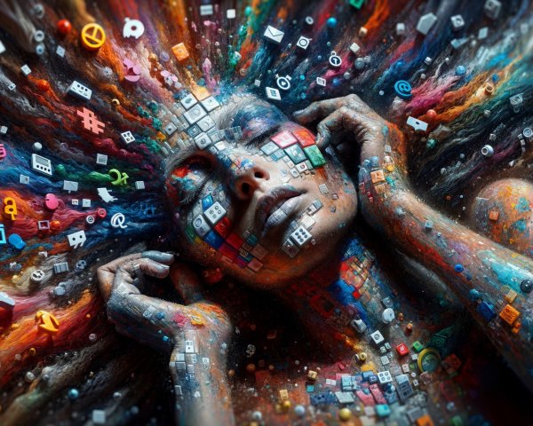 Woman in serene pose amidst colorful digital symbols