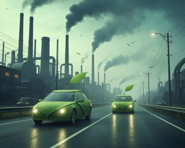 Green Cars Amidst Industrial Pollution and Overcast Sky