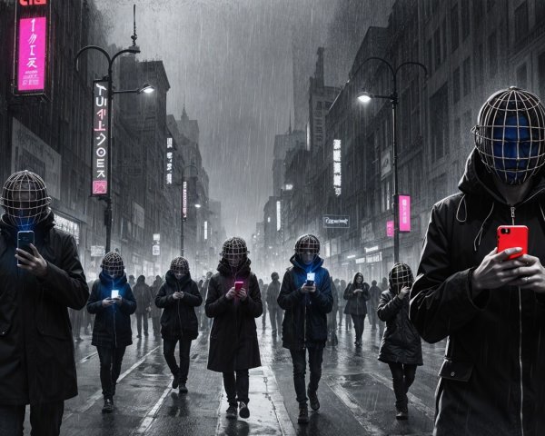 Dystopian Urban Scene with Masked Figures and Neon Lights