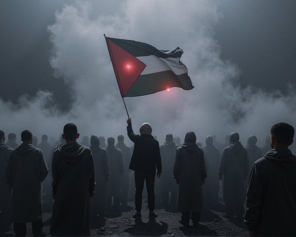 Hooded Individuals in Foggy Landscape with Flag