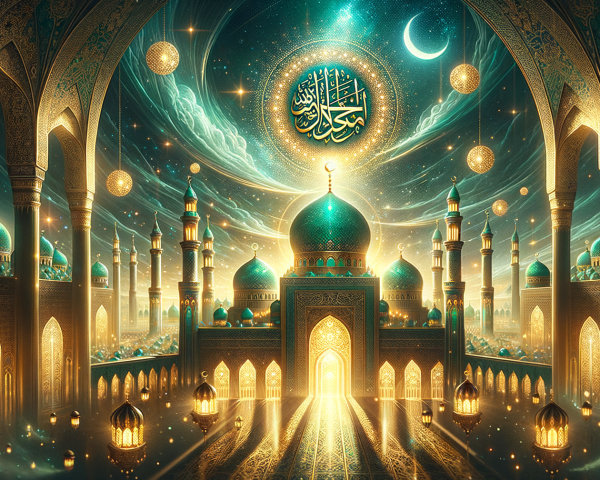 Ornate Mosque with Golden Lights and Celestial Elements