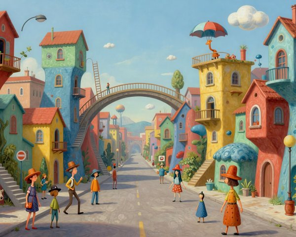 Whimsical Town Street with Colorful Buildings and Sky