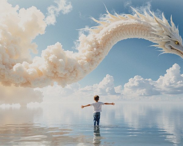 Child in Shallow Water Gazes at Cloud Dragon
