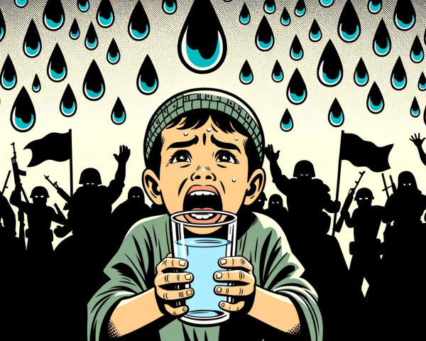 Distressed Child with Water Amidst Dark Crowd Silhouette