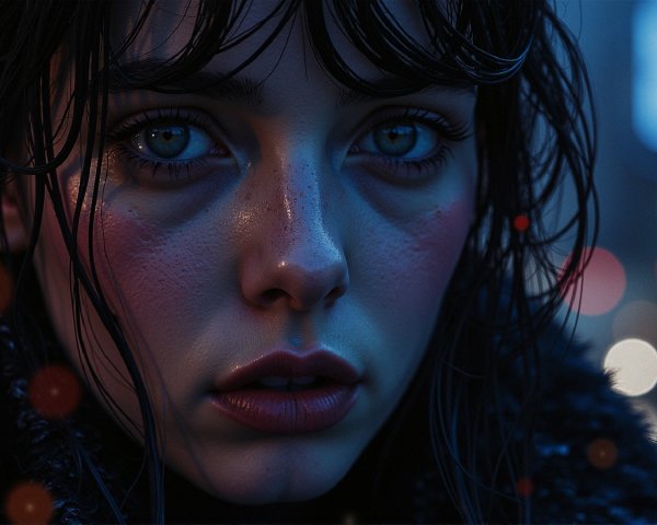 Close-up portrait of a young woman with blue eyes