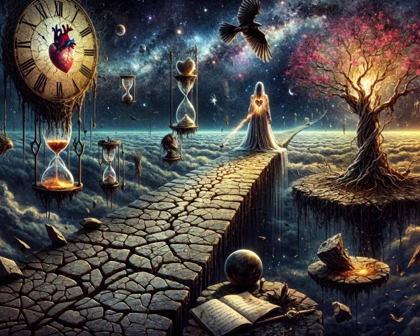 Surreal Landscape with Winding Path and Celestial Elements