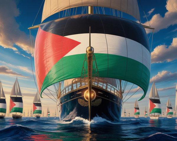 Fleet of Sailboats with Palestinian Flag at Sunset